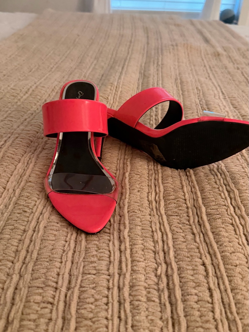 Qupid Hot Pink Pointed Slide Mules with Clear Strap